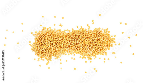 Yellow mustard seeds isolated on a white background, top view. Dried mustard grains.