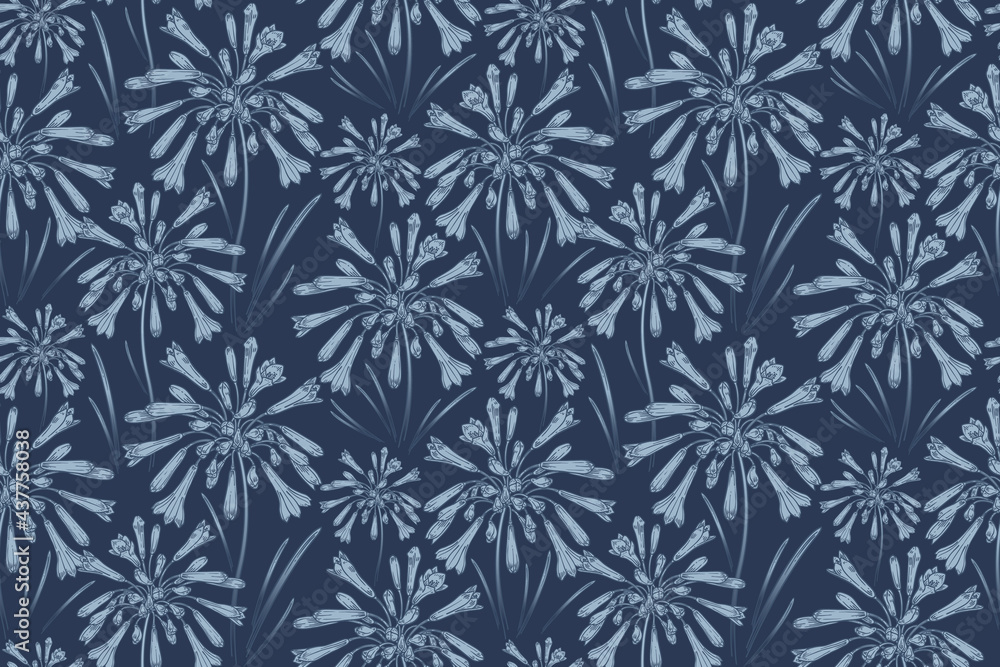 Floral Navy blue Seamless pattern. Vintage background. Vector