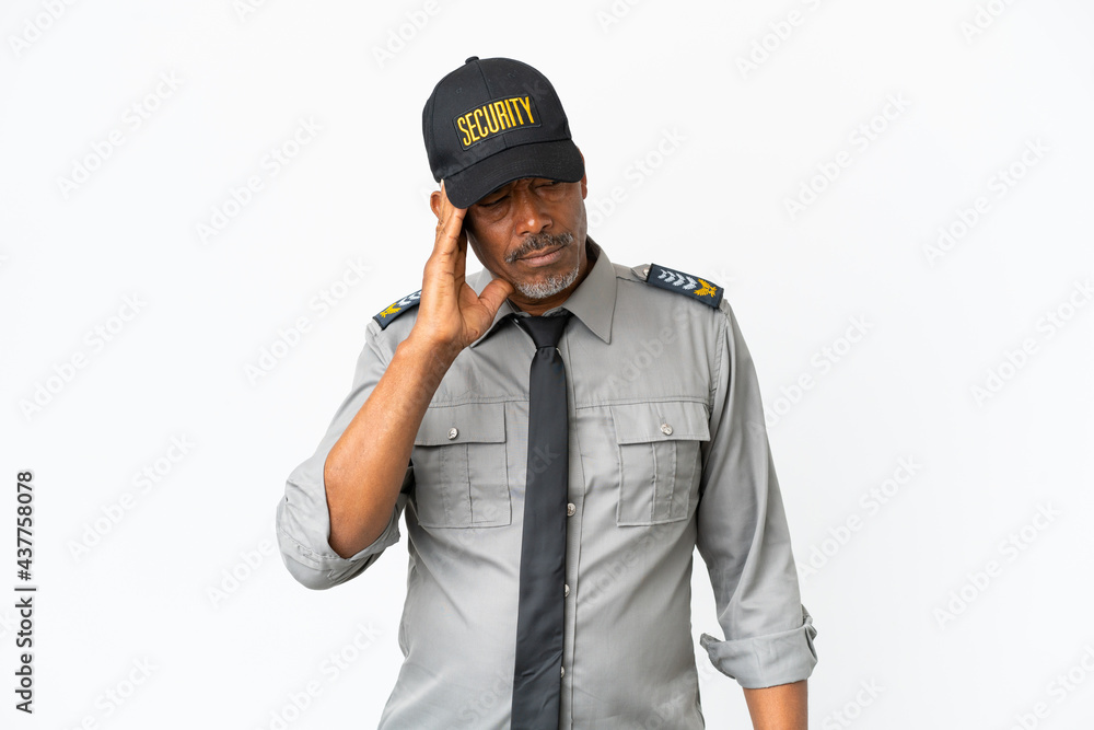 Senior staff man isolated on white background with headache Senior staff man isolated on white background with headache