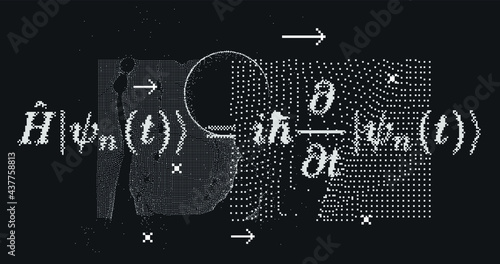 Erwin Schroedinger's (or Schroedinger) linear partial differential equation that describes the quantum superposition state. Conceptual illustration of the particle field in pixel art style.