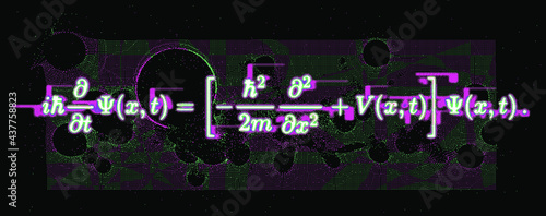 Erwin Schroedinger's (or Schroedinger) linear partial differential equation that describes the quantum superposition state. Conceptual illustration of the particle field in pixel art style.