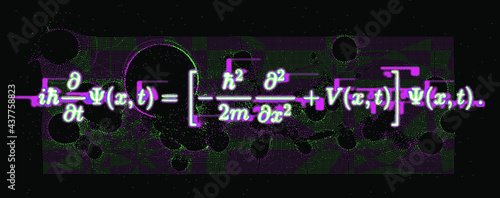 Erwin Schroedinger's (or Schroedinger) linear partial differential equation that describes the quantum superposition state. Conceptual illustration of the particle field in pixel art style. photo