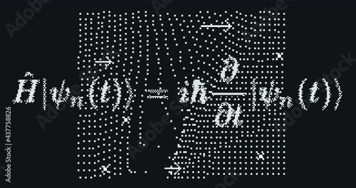 Erwin Schroedinger's (or Schroedinger) linear partial differential equation that describes the quantum superposition state. Conceptual illustration of the particle field in pixel art style. photo