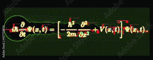 Erwin Schroedinger's (or Schroedinger) linear partial differential equation that describes the quantum superposition state. Conceptual illustration of the particle field in pixel art style.