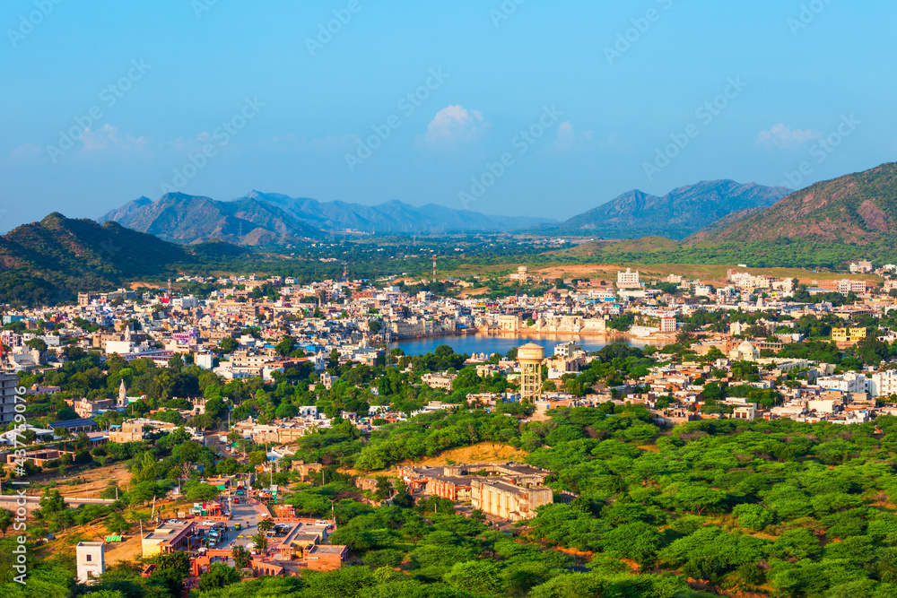 Pushkar town aerial panoramic view, India