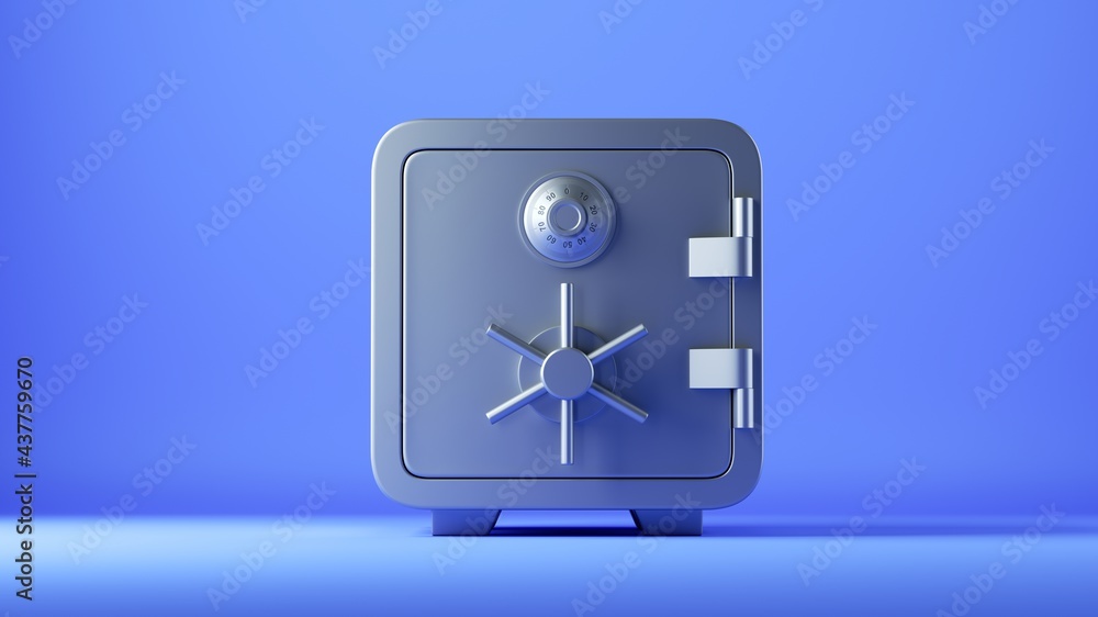 3d render, closed metallic safe box isolated on blue background. Frontal view. Banking safety clip art. - obrazy, fototapety, plakaty 
