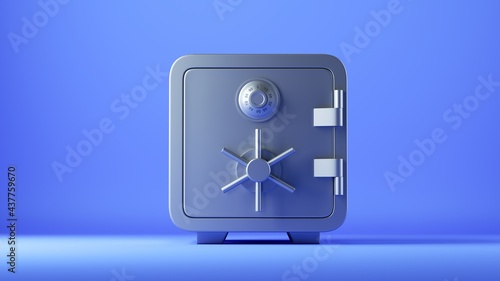 Fotografija 3d render, closed metallic safe box isolated on blue background