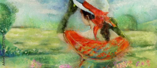 Woman in a hat. Summer. Watercolor background