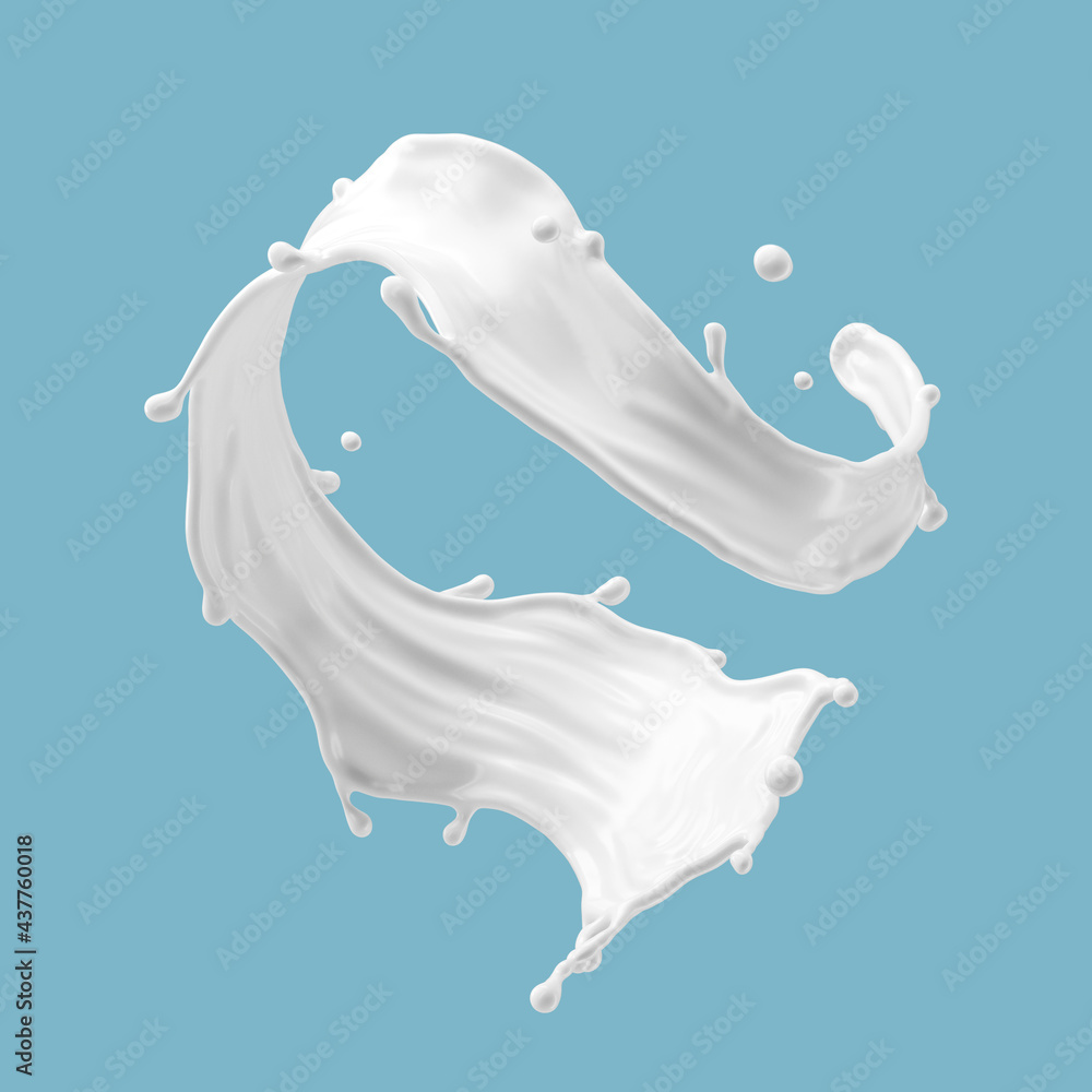 3d render, wavy dynamic milk splash illustration. Abstract liquid clip art isolated on blue background. White paint splashing
