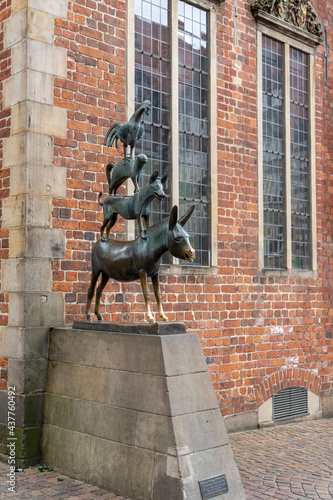 view of the statue of the famous fairy tale characters of Bremen near the Market Square in the old city center
