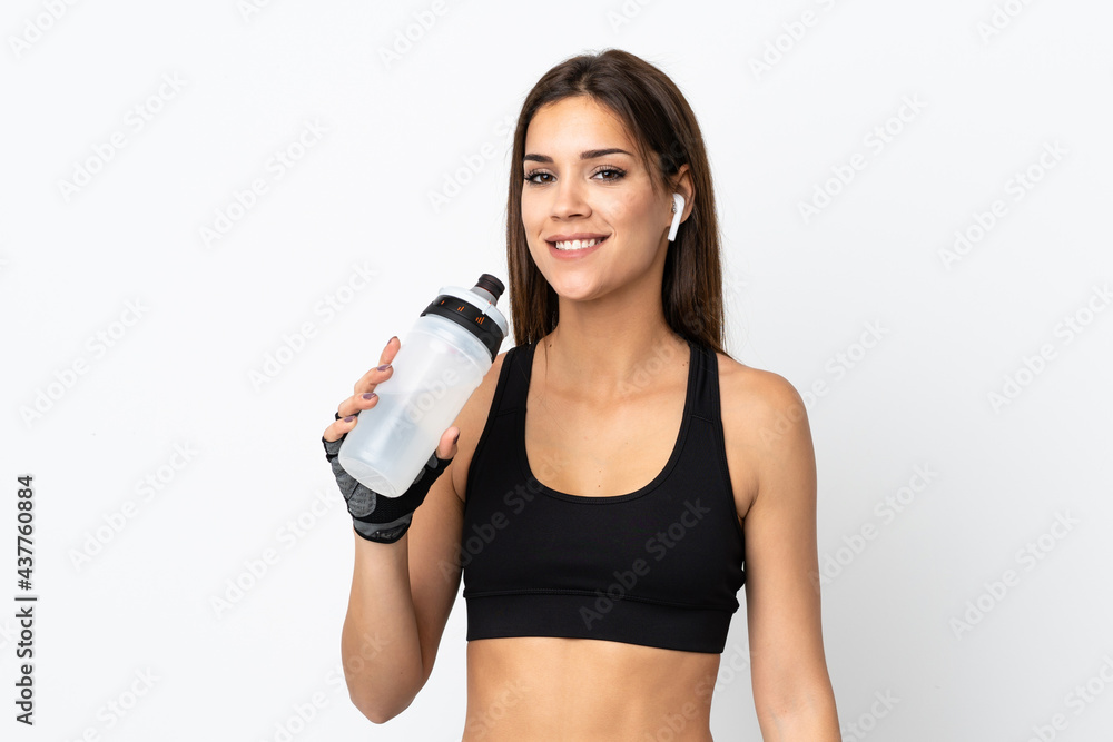Young sport woman isolated on white background with sports water bottle Young sport woman isolated on white background with sports water bottle