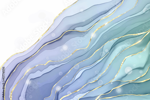 Abstract dusty violet and blue liquid marbled watercolor background with wave pattern and golden cracks. Pastel marble alcohol ink drawing effect. Vector illustration design template for invitation