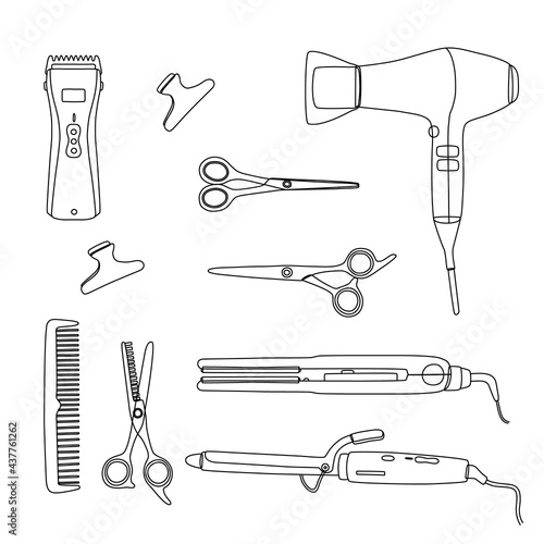 A hand drawn set of doodle hairdressing tools.Sketch, line of hair salon accessories, scissors, hair dryer, combs, clips, curling iron,hair clipper.Vector for the design of business cards and logo.