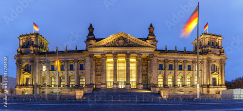 Berlin Reichstag Bundestag Parliament Government building panoramic view twilight blue hour in Germany photo