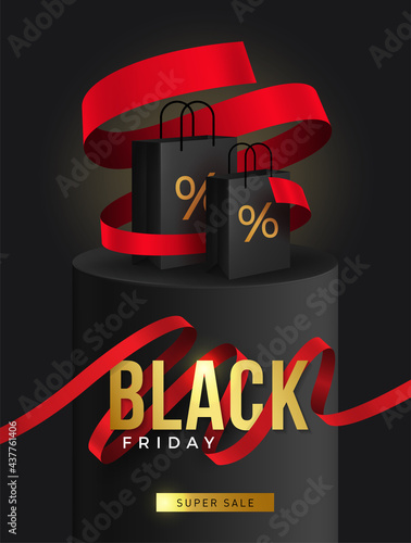 Black friday sale Background. Festive design of realistic black gifts box, glitter silver snowflake, golden stars. Vector poster, banner, greeting cards. 