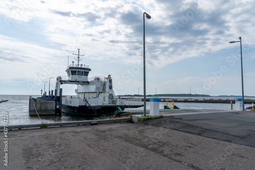 view of the Feggesund ferry leaving the harbor in Thy
