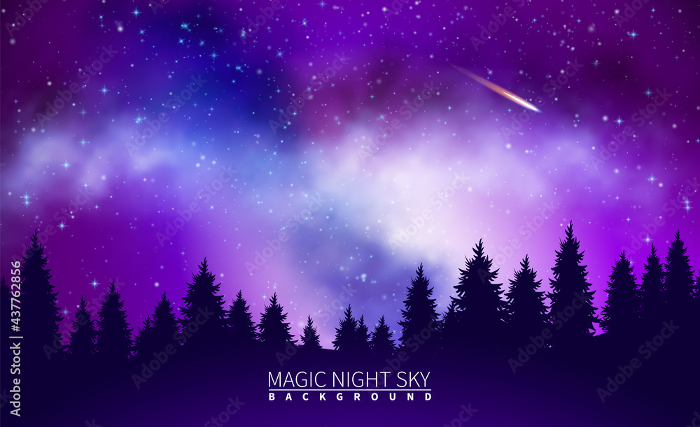 Night mystical, magical sky. Milky Way, falling comet. Black silhouettes of trees. Bright colorful space. Space background with stars. Abstract vector illustration.