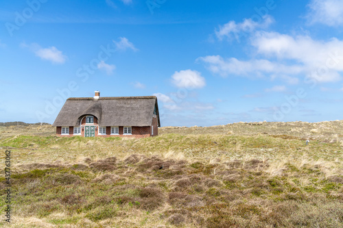 traditional Danish house with thatched reed roof in a coastal sand dune landscape photo