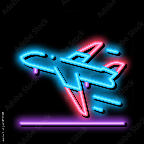 Take Off Airplane Airport neon light sign vector. Glowing bright icon Passenger Airplane Flying Along Route Concept Linear Pictogram. Air Transport Aircraft sign. transparent symbol illustration