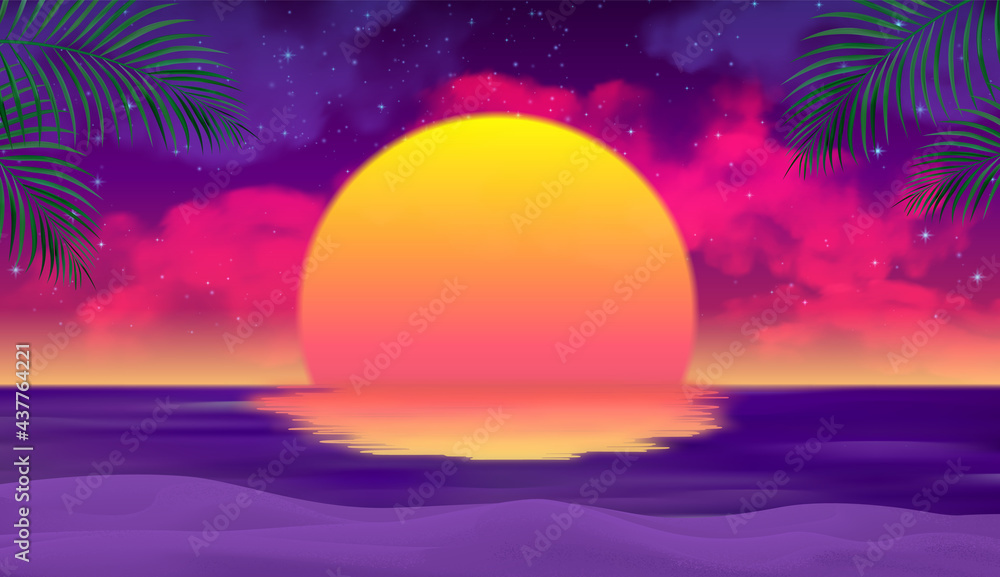 Tropical sea landscape, sunset, sunrise. Islands with palm trees, sky with clouds, sun. Vector illustration.