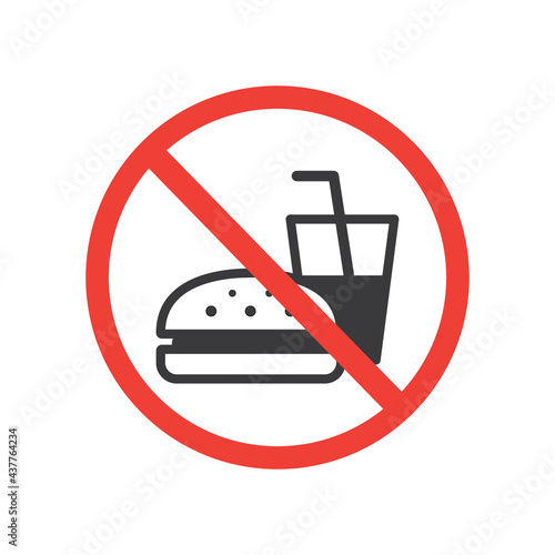 No food or drink allowed sign, fast food prohibited, crossed out hamburger and soda cup, vector, icon.