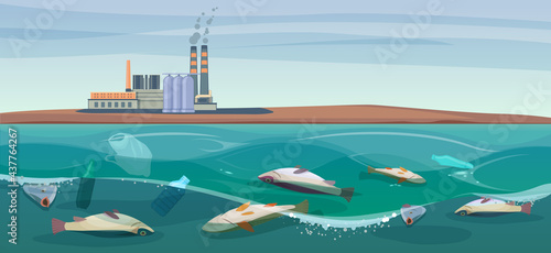 Poisoned dead fish in a dirty river. Industrial plant in the background