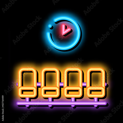 Airport Waiting Room Chairs neon light sign vector. Glowing bright icon Airport Wait Flight Seats And Clock Concept Linear Pictogram. Passengers sign. transparent symbol illustration