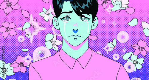 Young man is upset and crying. Pop art comic style illustration in neon vivid colors with dotted halftone effect.