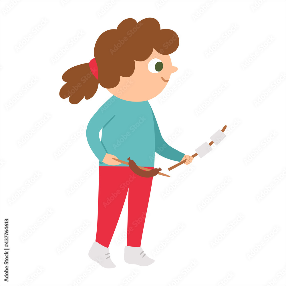 Cute girl walking with marshmallow and sausage. Kid doing summer activity. Vector summer camp illustration. Camping character. Woodland travel tourist icon. . Cute girl walking with marshmallow and sausage. Kid doing summer activity. Vector summer camp illustration. Camping character. Woodland travel tourist icon. .