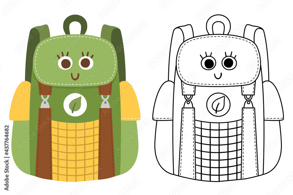 Vector kawaii traveler backpack colored and black and white