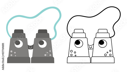 Vector binoculars colored and black and white illustration. Active traveling or search equipment icon. Travel object or spyglass isolated on white background. Cute coloring page.