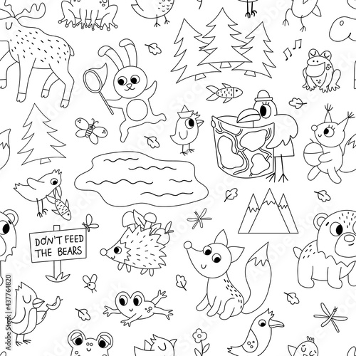 Vector black and white seamless pattern with forest animals  insects and birds. Funny woodland campfire digital paper. Cute forest repeat outline background for kids with mountains  trees.