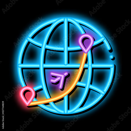 International World Flight neon light sign vector. Glowing bright icon Airplane On Globe Direction Concept Linear Pictogram. Air Transport Aircraft Fly Way sign. transparent symbol illustration