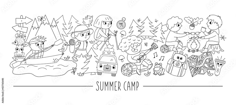 Vector black and white horizontal set with cute comic forest animals and children doing summer camp activities. Card template with woodland characters and kids on holidays. Active trip line border..