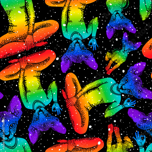 Catwoman rainbow color with sphinx cat head sits in lotus position and shows with hand a sign ok. Seamless pattern background of the night starry sky, space. Prints for clothes, Space theme, T-shirts