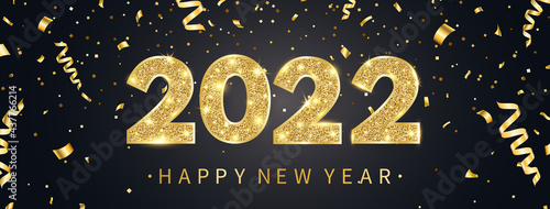 Fotografia 2022 Happy New Year greeting card with golden confetti