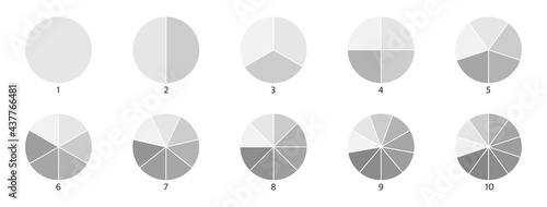 Pie chart icons. Circle section graph. 2,3,4,5,6 segment infographic. Wheel round diagram part symbol. Three, five phase, six circular cycle. Segment slice sign. Geometric element. Vector illustration