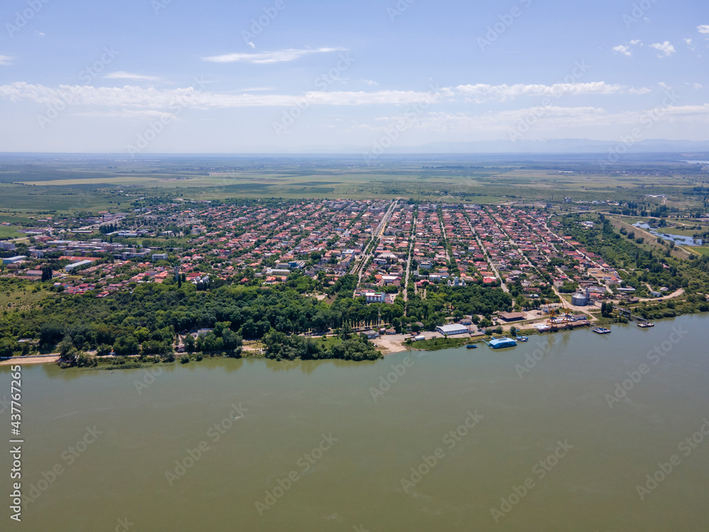 Aerial view of town of Calafat at the coast of Danube river, Romania