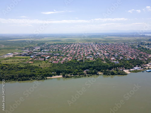 Aerial view of town of Calafat at the coast of Danube river, Romania photo