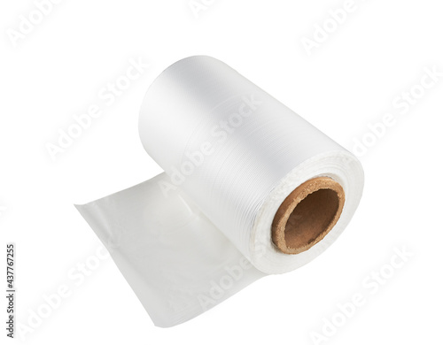 A roll of wrapping plastic film on a white background. Polypropylene or polyethylene rolls for packaging. © Denis