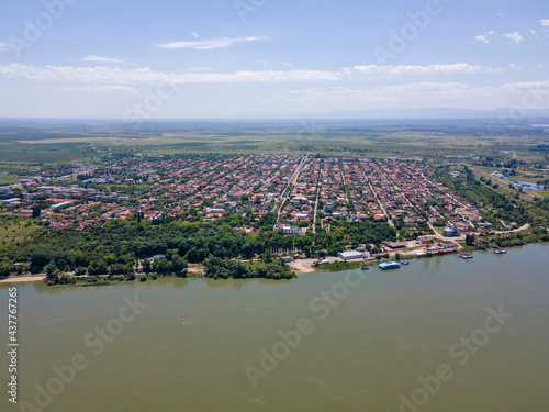 Aerial view of town of Calafat at the coast of Danube river, Romania photo