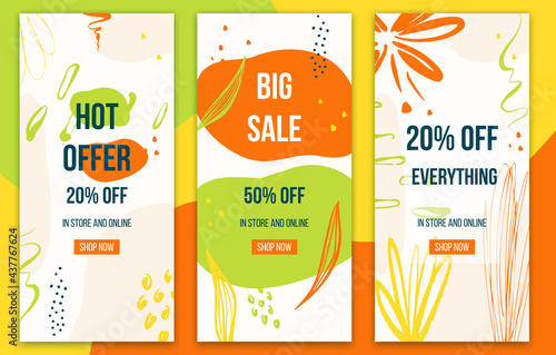 Abstract promotion web banner. Newsletter and Email template. Suitable for social media post, mobile apps, web design. Modern sale and discount promo background with floral and doodle pattern.