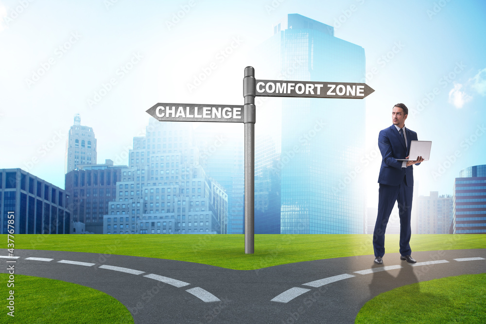 Businessman choosing between leaving comfort zone or not Businessman choosing between leaving comfort zone or not