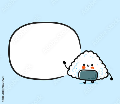 Cute funny onigiri and emty text box. Vector hand drawn cartoon kawaii character illustration icon. Onigiri, asian rice and nori food, sushi cartoon character concept