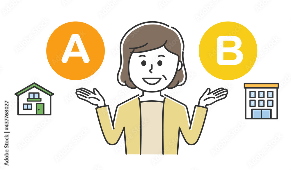 A woman comparing detached house and condominium. Vector illustration isolated on white background. A woman comparing detached house and condominium. Vector illustration isolated on white background.