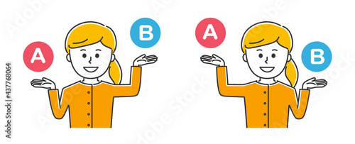 A woman comparing A and B. Vector illustration isolated on white background.