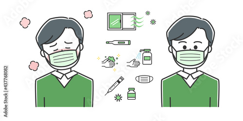 Man having a fever with countermeasures against covid-19. Vector illustration isolated on white background.