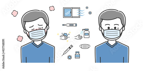 Man having a fever with countermeasures against covid-19. Vector illustration isolated on white background.