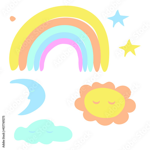 Isolated elements on a white background. Delicate children's rainbow, sun, moon and stars. Suitable for decorating a children's room, posters and postcards.