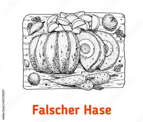 German meat loaf hand drawn vector illustration. Falscher hase top view. Vintage design element. Sketch illustration.